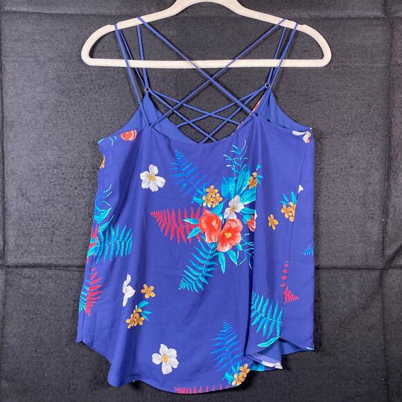 Express Womens Blouse Blue Floral V Neck Tank Racerback Flowy Stretch XS - Picture 8 of 10